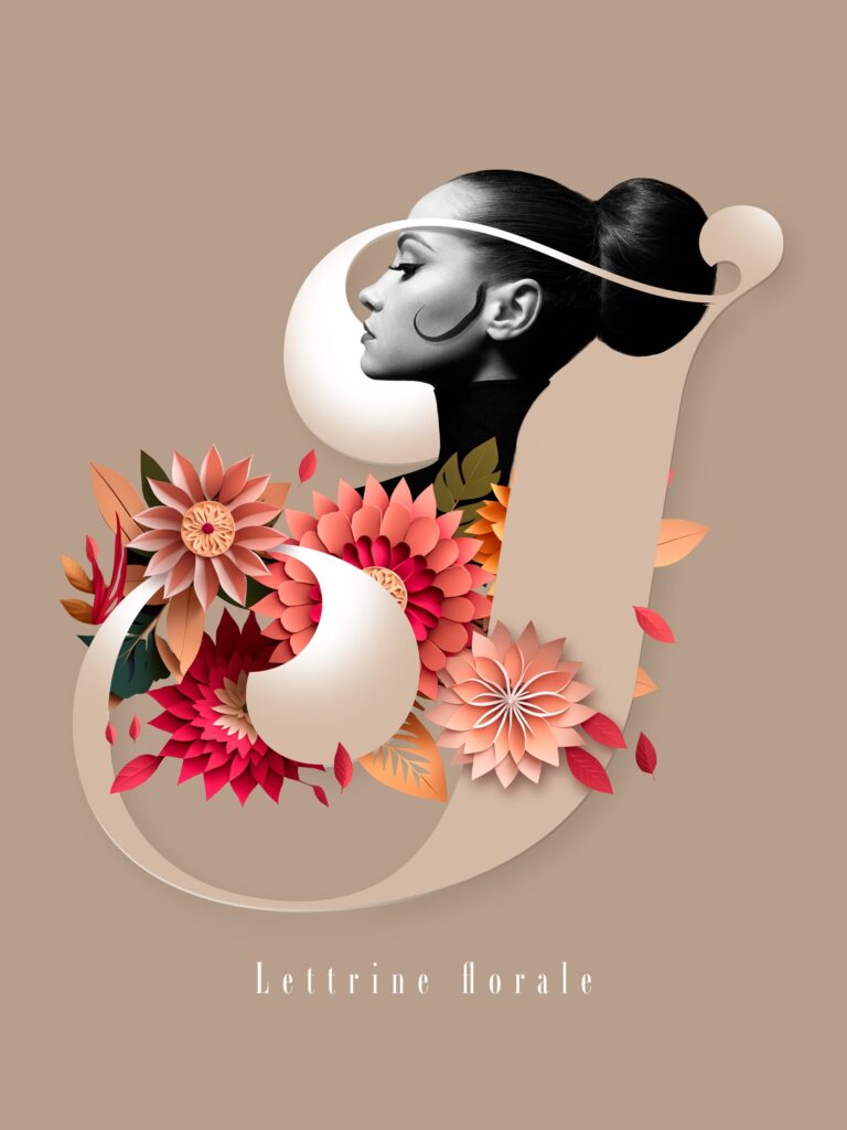 Lettrine J avec visage femme et fleurs papiers