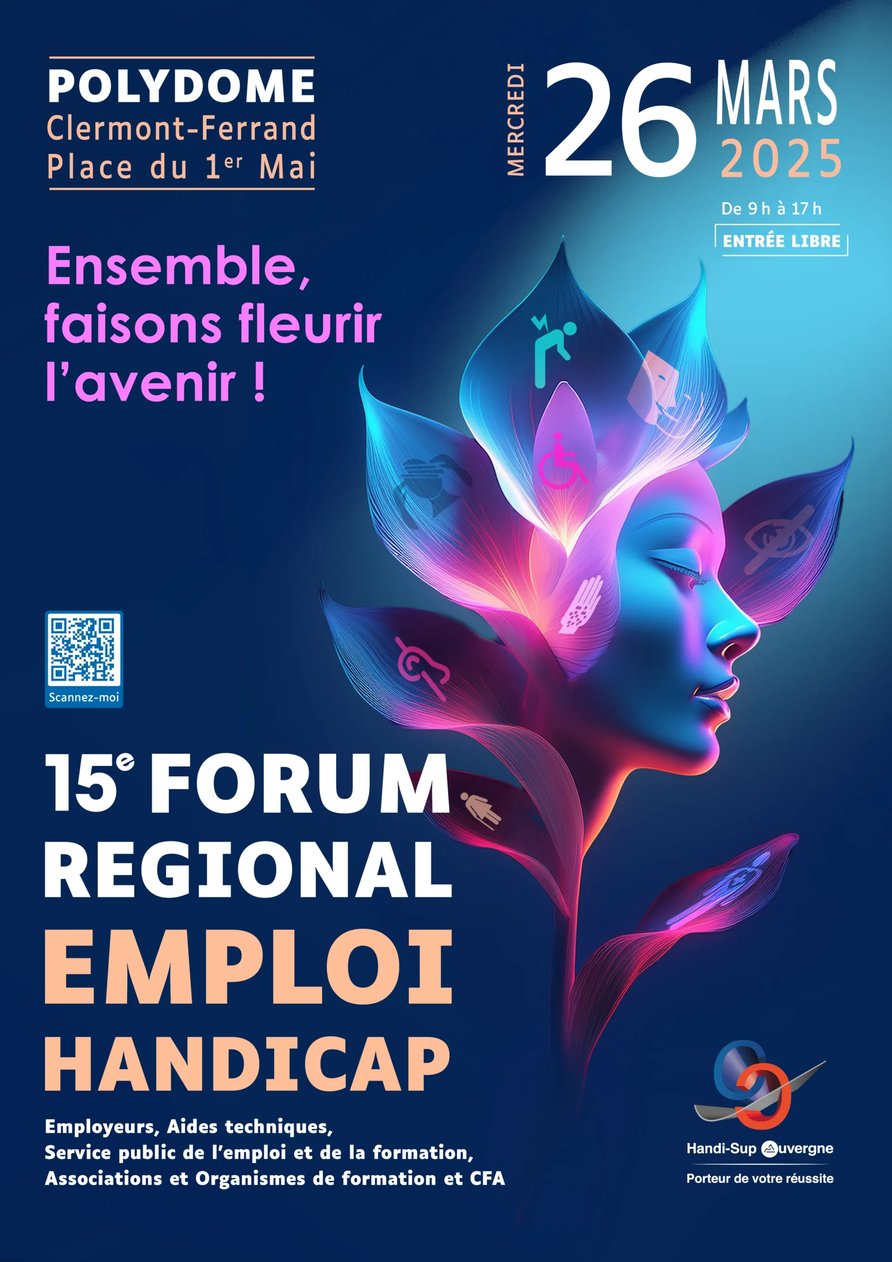 Affiche Handi Sup Auvergne 2025 réalisée par myo représentant une femme à la coiffure de fleur, chaque pétale à un icone de handicap représenté, le tout sur fond bleu