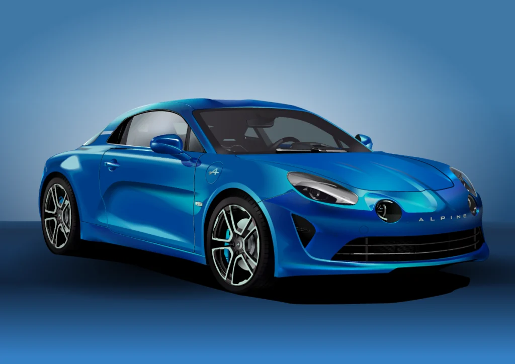 Dessin illustrator de l'alpine renault A110 relookée, photoréalisme vectoriel